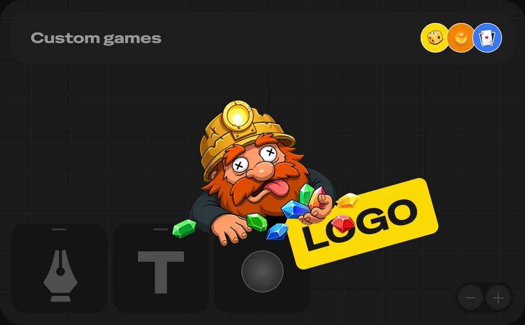 Custom games editor panel with a miner mascot holding a LOGO sign