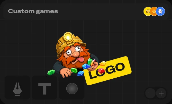 Custom games editor panel with a miner mascot holding a LOGO sign