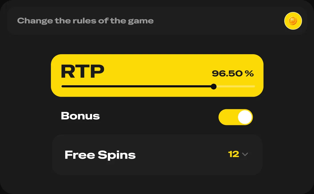 Change the rules of the game panel with RTP slider, bonus toggle and free spins