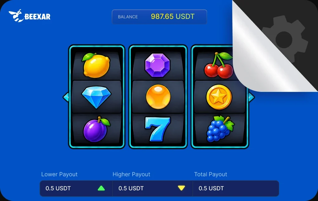 Branded slots game with a 3x3 reel grid, USDT balance and a payout bar