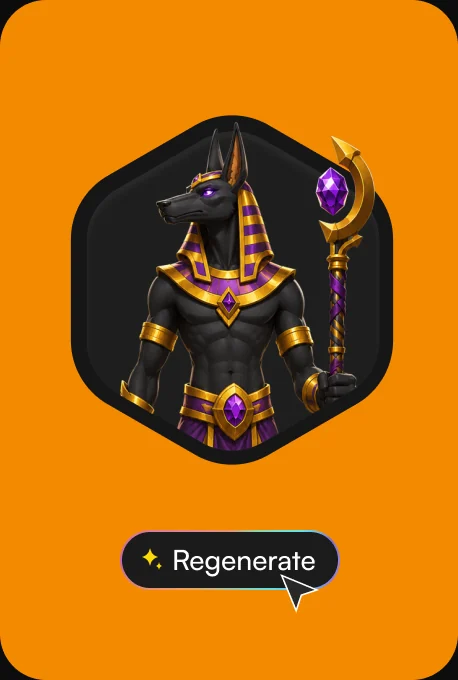 Generated Anubis game character in a hexagon frame with a Regenerate button
