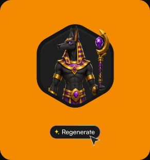 Generated game character in a hexagon frame with a Regenerate button