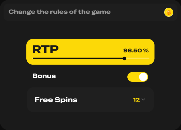 Change the rules of the game panel with RTP slider, bonus toggle and free spins