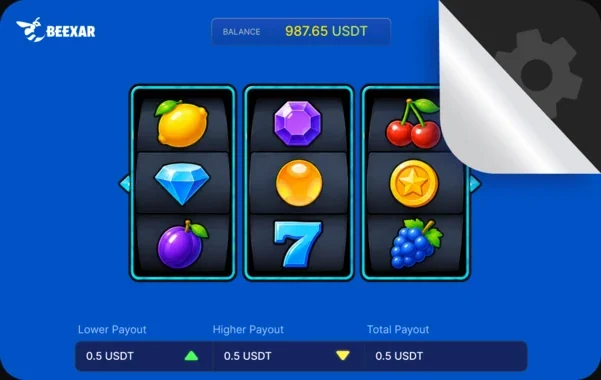 Branded slots game with a 3x3 reel grid, USDT balance and a payout bar