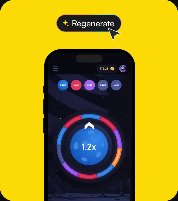 Branded mobile game mockup with a Regenerate button