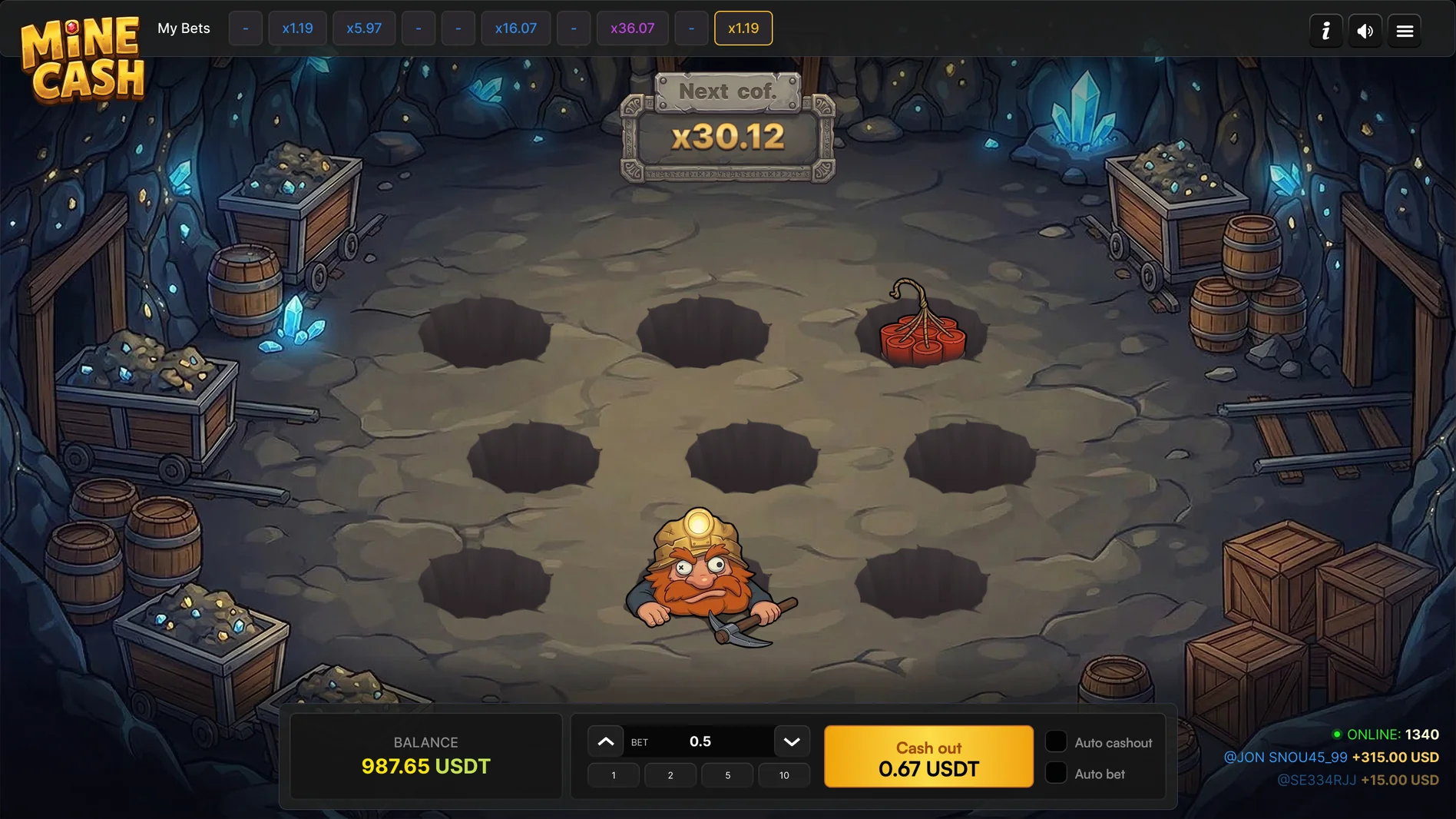 The Mine Cash game running in a browser