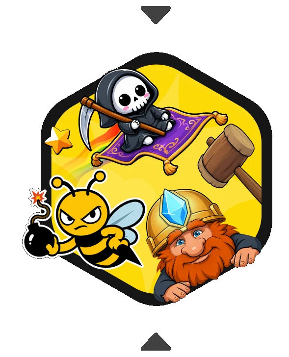 Beexar bee mascot with casino game characters inside a hexagon